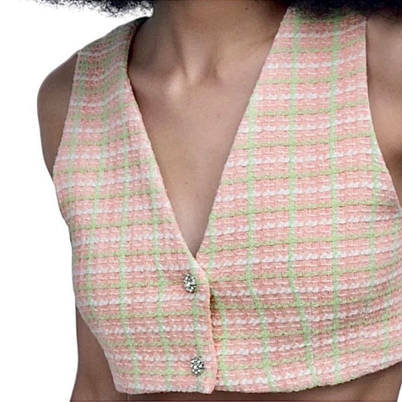 ZARA Tweed Crop Top Pink & Green Vest Jewel Buttons Size S • BLOGGER FAVORITE • - Picture 5 of 6